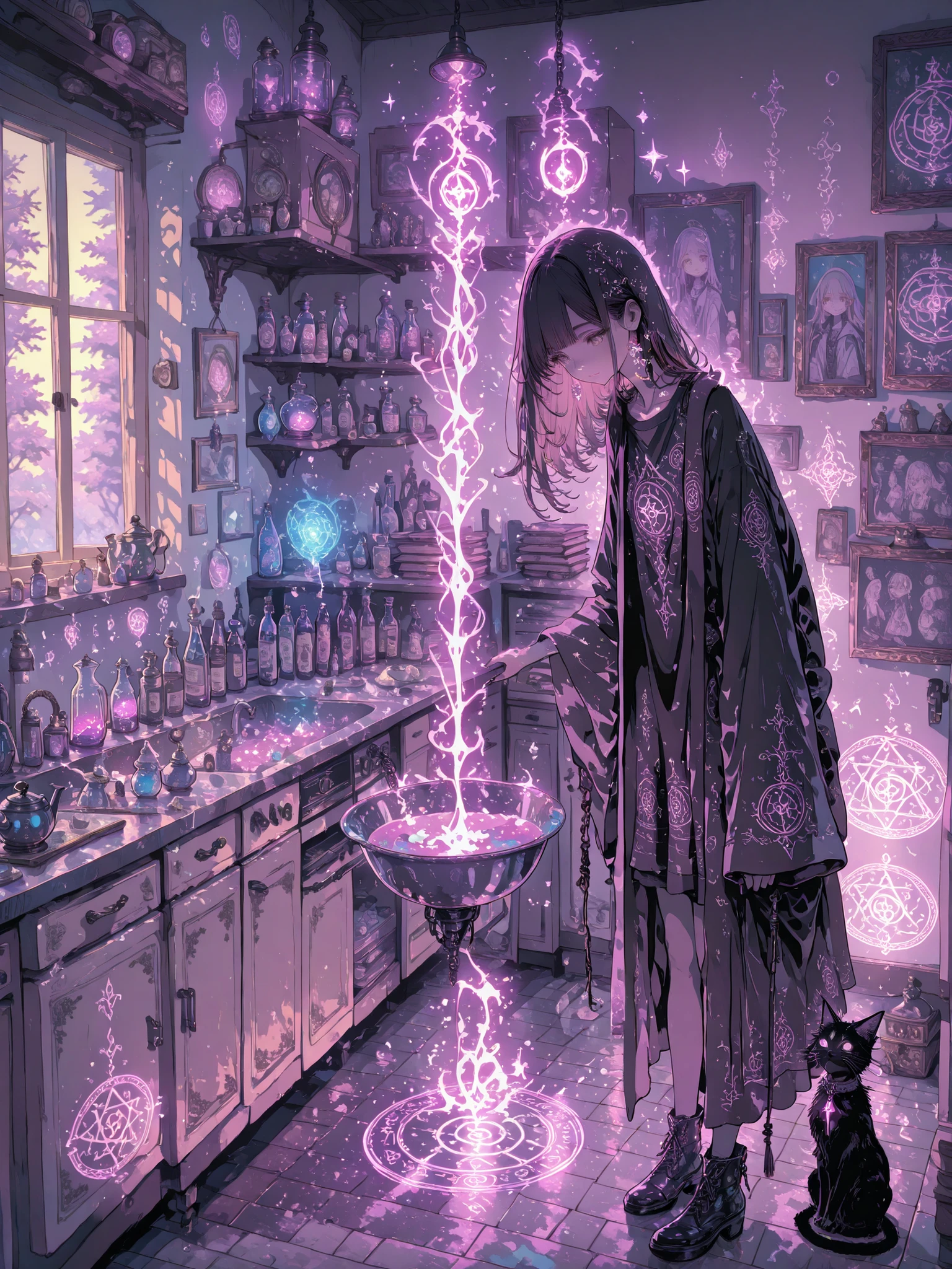 Anime-style illustration of a young female office lab technician (He is) who is secretly a modern witch, living alone in a cozy apartment. She wears comfortable home clothes with a subtle magical touch, like, a loose robe with lasso embroidery or a casual t-shirt combined with a floating ribbon or enchanted accessories. her hair is freely collected, and the small one a glowing crystal hovers next to her shoulder. She performs everyday household chores with soft magic: dishes wash by themselves in the sink, clothes fold in the air, the kettle boils with the spark of her finger, and her broom floats lazily behind her. The room is filled with magical charm — shelves, filled with potion bottles, books with glowing runes, drowsy the black familiar cat on the couch, and the magic circle glow faintly on the floor. Soft golden evening light comes through the windows. bizarre, warm atmosphere, Anime style, pastel colors, high detail, the cozy atmosphere of everyday life.