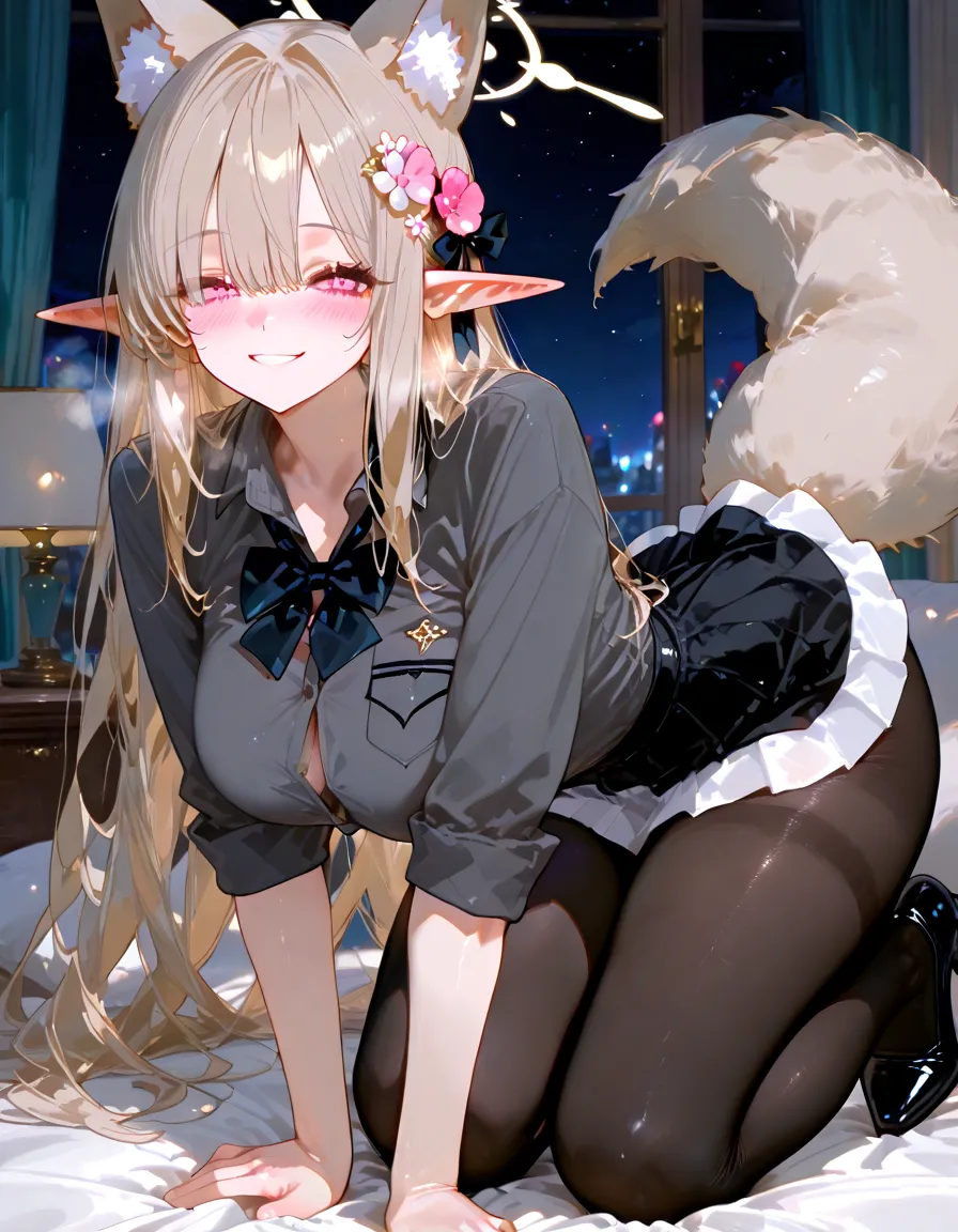 fox tails，huge tit，Student uniform，exposing her chest，female high-school student，The whole body is tied with ropes，The chest is tied，Pee，school uniform，hyper HD，Highest high resolution，Kneeling，high-heels，White hair，Stick out her tongue，Wear black stockings，the elf，a ball head