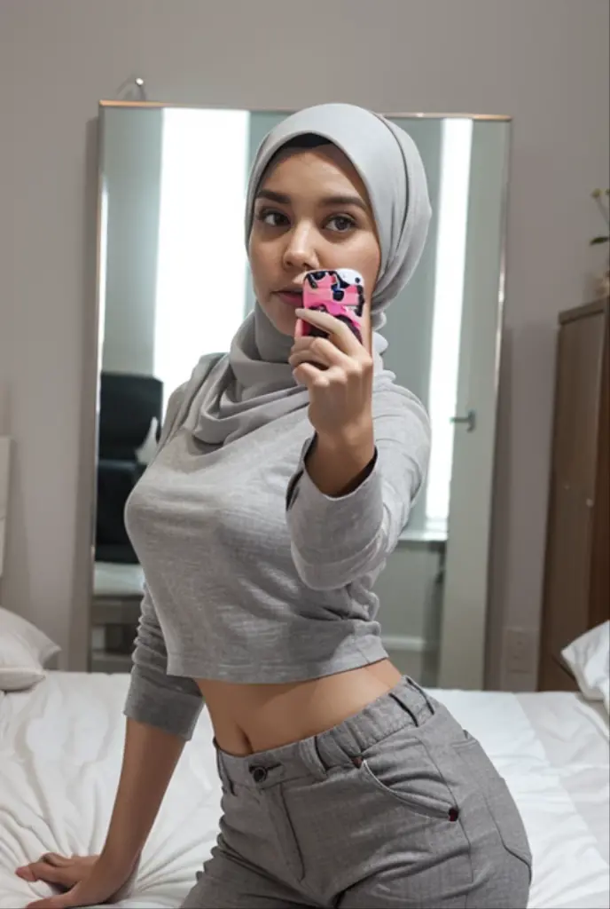 mirror selfie, average Saudi girl, hijab, panties visible, jumper