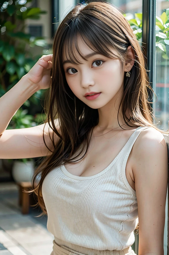 8k, highest quality, masterpiece, realistic, Super detailed, HDR, Portra 400, f2.8, natural color, detailed texture, Natural light, cute, nice, japanese girl, Highly detailed CG Unity 8k wallpaper, highest quality, Super detailed, masterpiece, realistic, photo realistic, とても詳しいcute女の子, 19 years old, round eyes, viewer, blush, parted lips, half body shot , black sportswear, Gym, big breasts, bangs, black hair, long hair, スポーツGymの背景, A large window that reflects the city, NSFW,