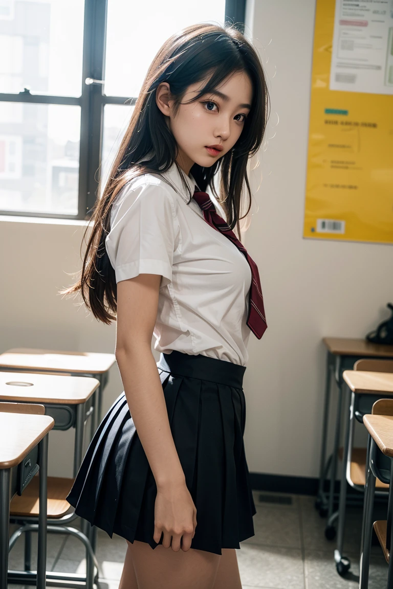 Long black hair, white skin, Chinese, young, thick eyebrows, black eyes, lip biting, white school uniform, green tie, small waist, blue short skirt, white socks, in the classroom, sitting on a desk, slim legs, brown school shoes, realistic, 8k, masterpiece, high resolution, high resolution, anatomically correct, high resolution, high resolution, inspired by Marin Kitagawa in anime