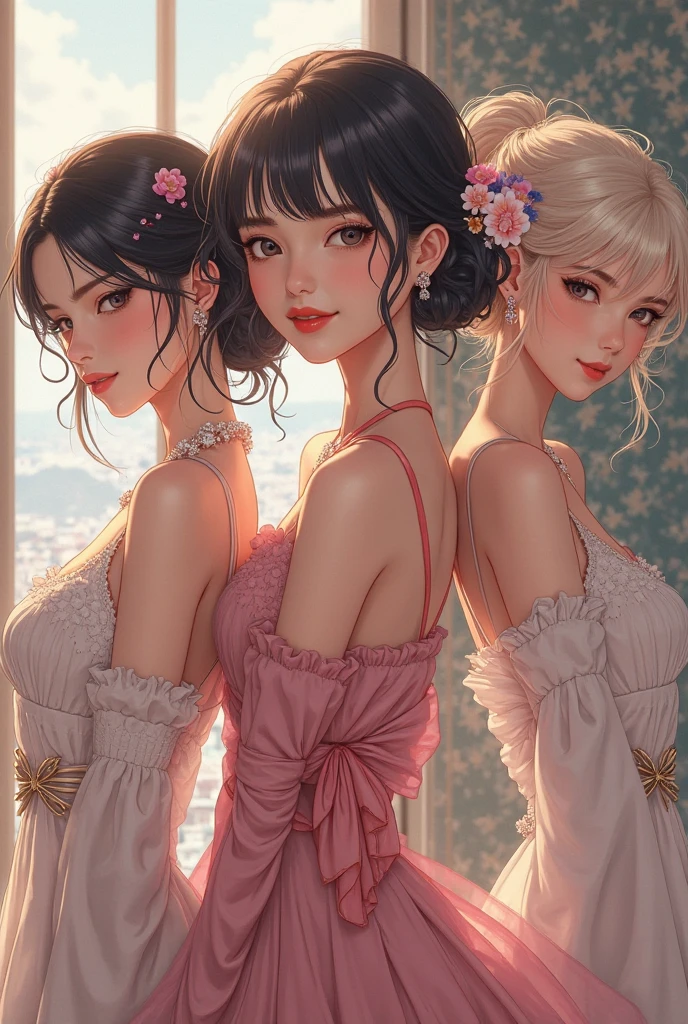 highest quality、High resolution、Detailed Background、(Beautiful face in every detail:1.4)、Anatomically correct、(Draw the usual number of fingers:1.2)、(Detailed facial expressions)、(Detailed eyes:1.2)、(Detailed eyes:1.2)、Beautiful, smooth skin、Teenage beauty、(Three Women)、(Highly detailed face:1.4)、well-groomed eyebrows、
Adult Style、Sunny outdoors、

(Three beautiful girls having fun with their friends:1.5)

Choose a dress in soft colors such as pretty pink or lavender to create a glamorous impression.、
Flared skirts and dresses with soft silhouettes bring out the feminine charm.、
For the upper body, we recommend heart-shaped or V-neck designs that flatter the décolletage.、
Choose an elegant design with lace or ribbon on the back.、

Pair your dress with heeled pumps or sandals for a stylish look.、
You can also add some sparkle with metallic colored shoes in silver or gold.、
Comfort is also important, so pay attention to the heel height and the shape of the toe of the shoe.、

Choose simple yet elegant accessories that go well with your dress.、
Pearls and thin choker、Wearing a thin bracelet on your wrist will add a touch of glamour.、
For hair accessories, try adding small flower-themed pins or headbands to add a cute touch.、

Consider an updo or half-up style that matches the design of your dress and your personality.、
If you have long hair, create light curls or waves to bring out your femininity.、
If you have short hair, try using accessories to create a unique look.、

Add cuteness to your natural, light base makeup with blush and lipstick.、
Use bright eyeshadow and mascara to add a touch of glamour to your eyes.、
Choose a sweet lip color like pink or coral for a girly look.