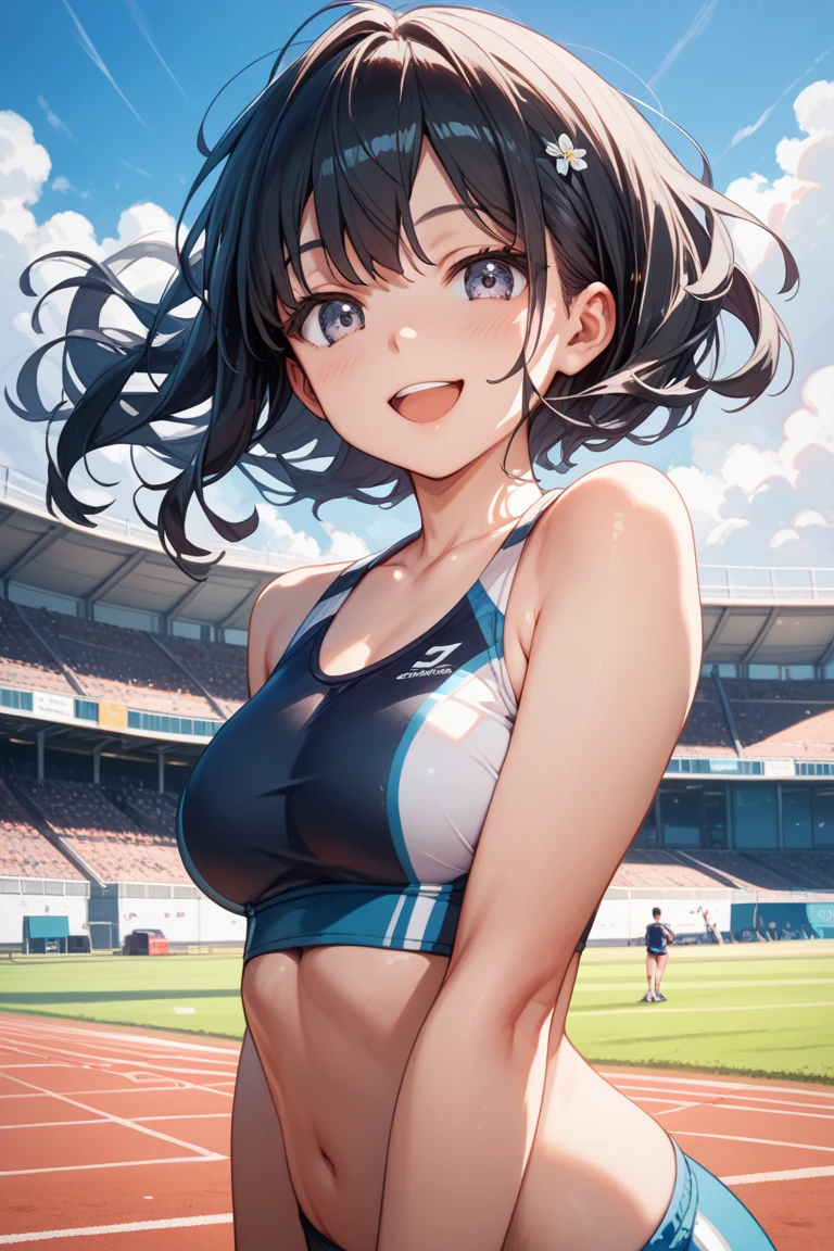 score_9,score_8_up,score_7_up,masterpiece,best quality, source anime, realistic, super detailed, extreme detailed, rating_explicit,
1girl, solo, 22yo, short hair, bob cut, (blunt bangs), black hair, (tareme, detailed cute brown eyes), curled eyelashes, (large breasts:0.9),
shiny hair, beautiful detailed eyes, beautiful face,
female track and field athlete, (sport bra, racing buruma, track and field uniform), running, dynamic pose, (sweat), cowboy shot,
Stadium, audience,