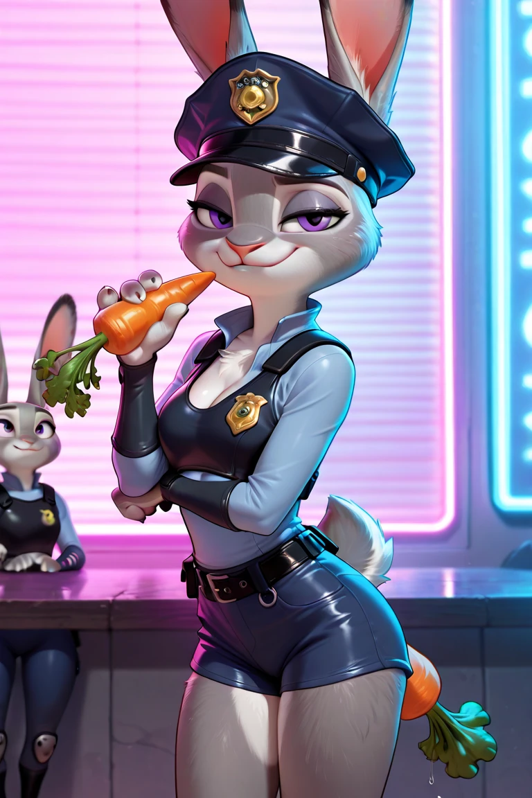 judyhopps, purple eyes, rabbit, rabbit ears, rabbit girl, (((black skirt suit))), (((three-piece suit))), (((dress shirt))), (((necktie))), (((blazer))), (((suit jacket))), ((waistcoat)), double-breasted waistcoat, (((satin bodycon miniskirt))), pocket square, cufflinks, tie clip, makeup, eyeshadow, mascara, eyeliner, sultry, blowjob, fellatio, deepthroat, facefuck, oral sex, high heels, cum on face, male tiger, size difference, short, squatting, bukkake, multiple penises, blowbang, cum covered, messy, cum on clothes, smile