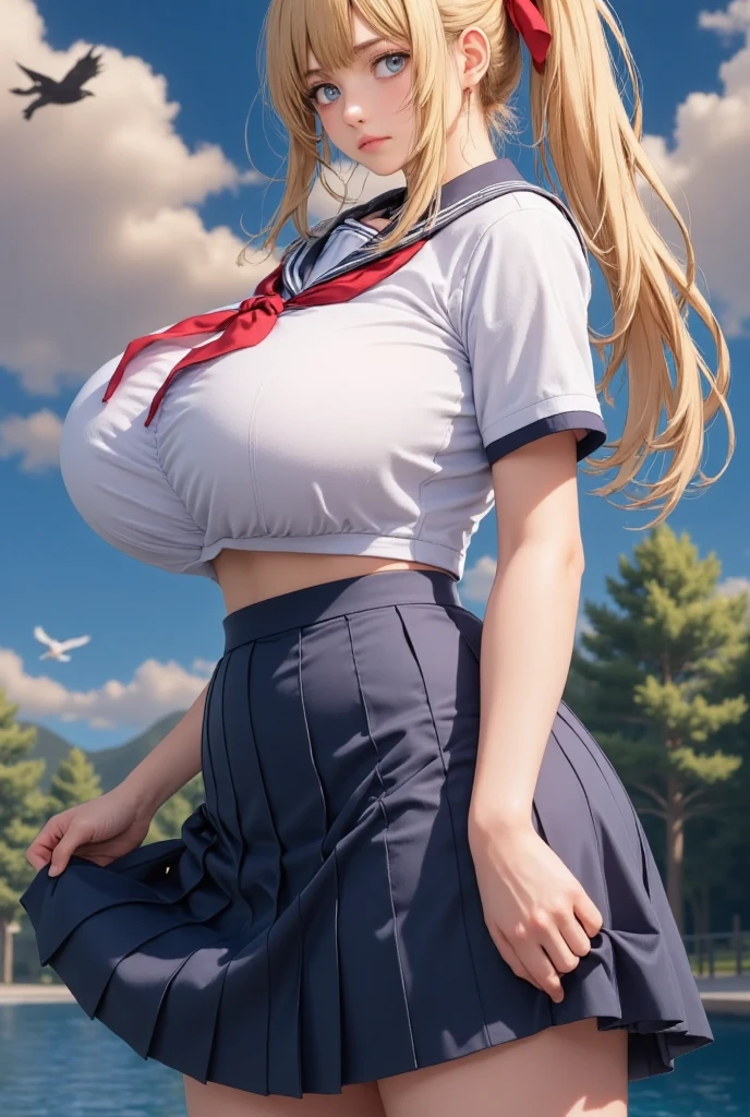 masterpiece, best quality, 8k, complete anatomy, Japanese female, blonde hair, (big breasts:1.4), high-school uniform, white short sleeve shirt, blue striped tie, navy plaid skirt, baseball cap, big smile, in the stadium