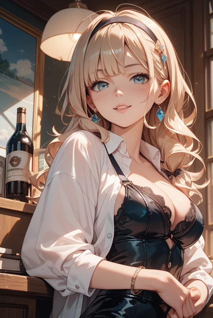 (masterpiece, best quality:1.2), (high resolution, 8K RAW photo, photo realistics, clear focus, weak outline:1.3), (cinematic lighting, moody, textile shading), pov, (solo:1.5), 1 matured woman, 24 years old, (milf:1.5), ((nfsw:1.5, fuge breast:1.3, sagging breast, big tits, breast cleavage, harass sexually, in heat, presenting)), ((Bright beautiful eyes with highlight:1.3)), (sitting a stool in night BAR counter, lying face down on the counter with putting arms on the counter top, looking at viewers, holding a cocktail glass), raised sexy, (little happy smile:1.3, shamed), light purple mesh on silver hair, medium long hair, hair over one eye, asymmetric hair, half updo hair, blue eyes, wearing white sexy party dresses, long skirt with side slit, wearing green see-through shawl around your upper arms, (Luxury detailed accessories, necklace, earrings, Bracelets), bokeh, dynamic angle, upper body:1.2, close-up face:1.5, face focus, from side:1.2, (correct anatomy:1.6, ideal ratio of body proportions, correct hand:1.5, small hands), in a night,