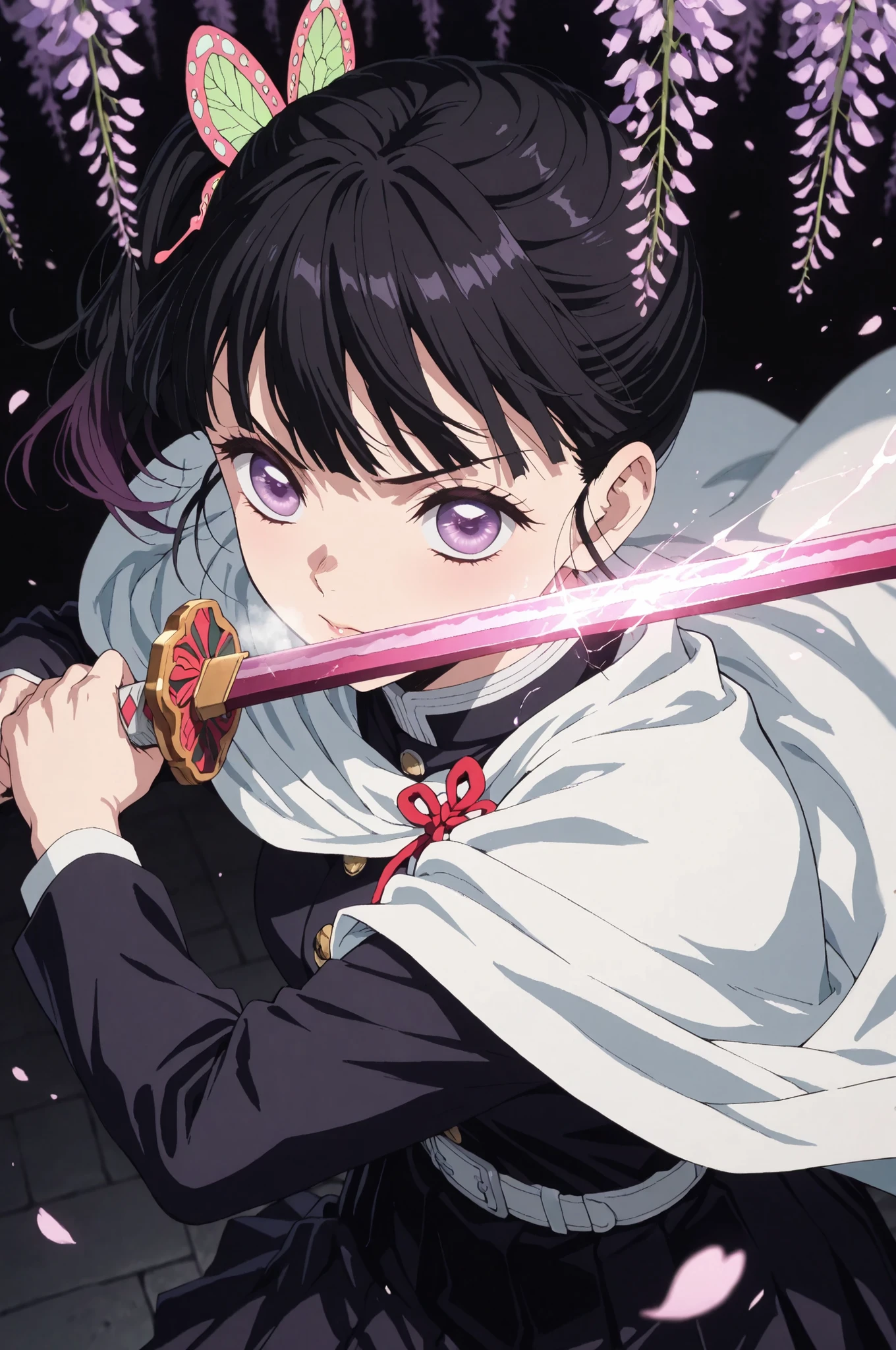 black skirt, cape, demon slayer uniform, long sleeves, pleated skirt, skirt, white cape,,kanao tsuyuri, black hair, butterfly, butterfly hair ornament, purple eyes, side ponytail, ponytail, kanao tsuyuri, holding pink bliate japanese blade, masterpiece, Highest Quality, amazing quality, Newest, very detailed, high resolution, clean lines, smooth lines, sharp, Anime-style digital painting, Detailed drawing , depth of field, drop shadow, watercolor, a dramatic scene using three-point perspective, sword guard stance, pink flash wedpon effect, looking at viewer, dutch angle, portrait, background brack, light up wisteria flowers, (hold sword in front face:1.2), fighting pose, face closeup:2.0, aiming a japanese blade at viewer, with shining in pink lines were shiny and luminous:2.5, close-up (Face focus, Face close up:1.2), black background, Lots of glitter effects on wisteria and japanese blade
, Lots of particle effects on wisteria and japanese blade, motion bura, breath, forced perspective, dynamic pose, focused expression, dramatic perspective, 8k, powder light, Sparkling wind effect, petals, radiant beams, swirling vortex, from behind