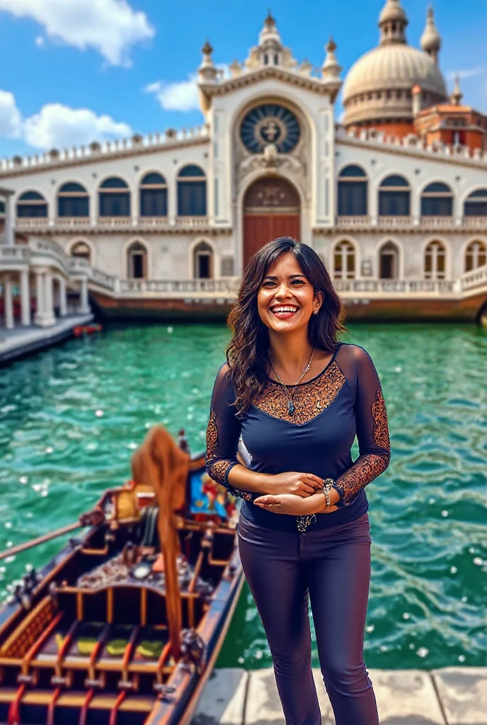 Colombian woman, brown hair, big breasts, sexy bohemian dress, at evening river cruise