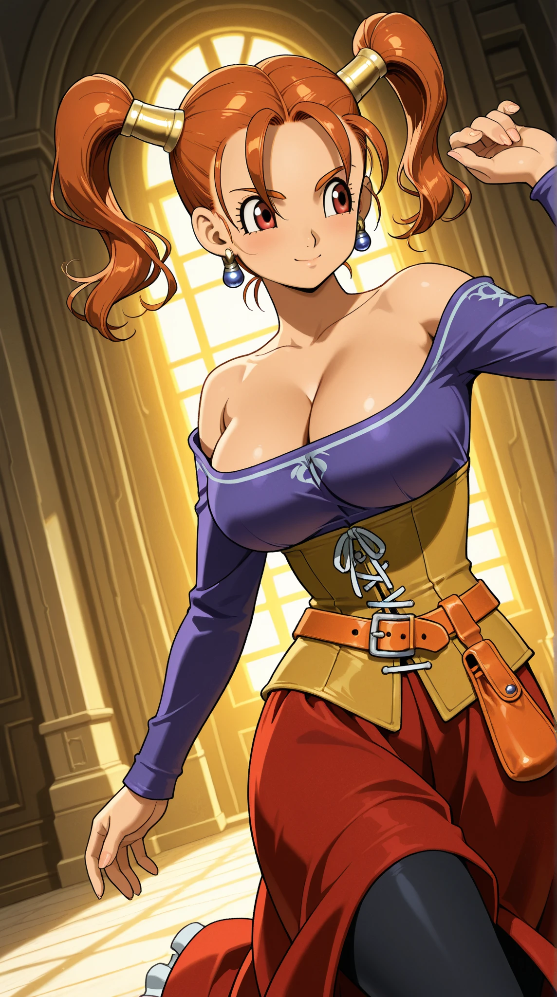<lora:jessica_albertv1:0.7> jessica_albert, huge_breasts, standing, solo, Purple_off-shoulder_shirt_Long_sleeves_Cleavage_Yellow_corset_Red_long_skirt_Belt_Pouch, masterpiece, best quality, detailed face, detailed eyes, highres,