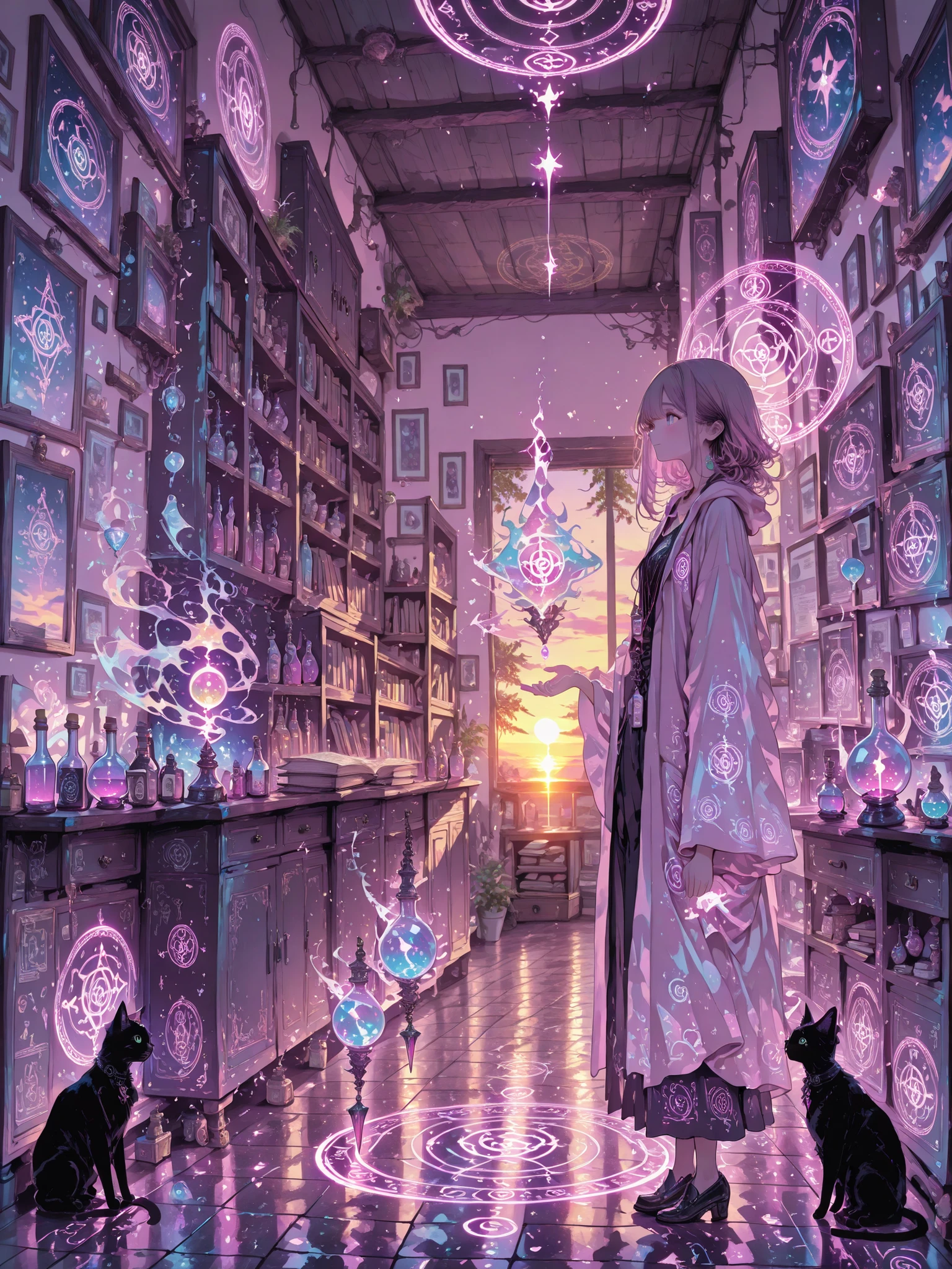 high quality photo, masterpiece, ultra-detail, 1 girl, modern witch, office worker, homewear, loose robe with magic runes, loose hair, floating crystal, Cozy apartment , magic circle on the floor, levitating objects, black cat, bookshelves with ancient folios, potion bottles, golden sunset light, the soft glow of the runes, Anime style, pastel colors, warm atmosphere, everyday magic