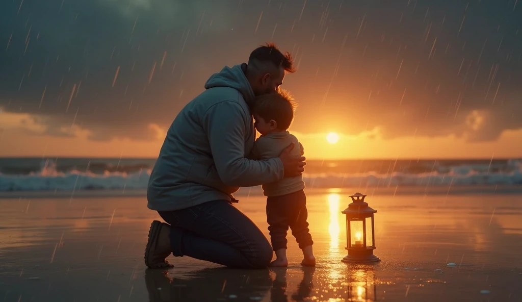 Muscular man wearing a shirt with long shorts Long loose shorts With pockets on the sides with converse sneakers Orange T-shirt and brown shorts Long short, long short, long Kneeling on the ground with his face shadowed hugging a child Em wrapped in a blanket as it rains