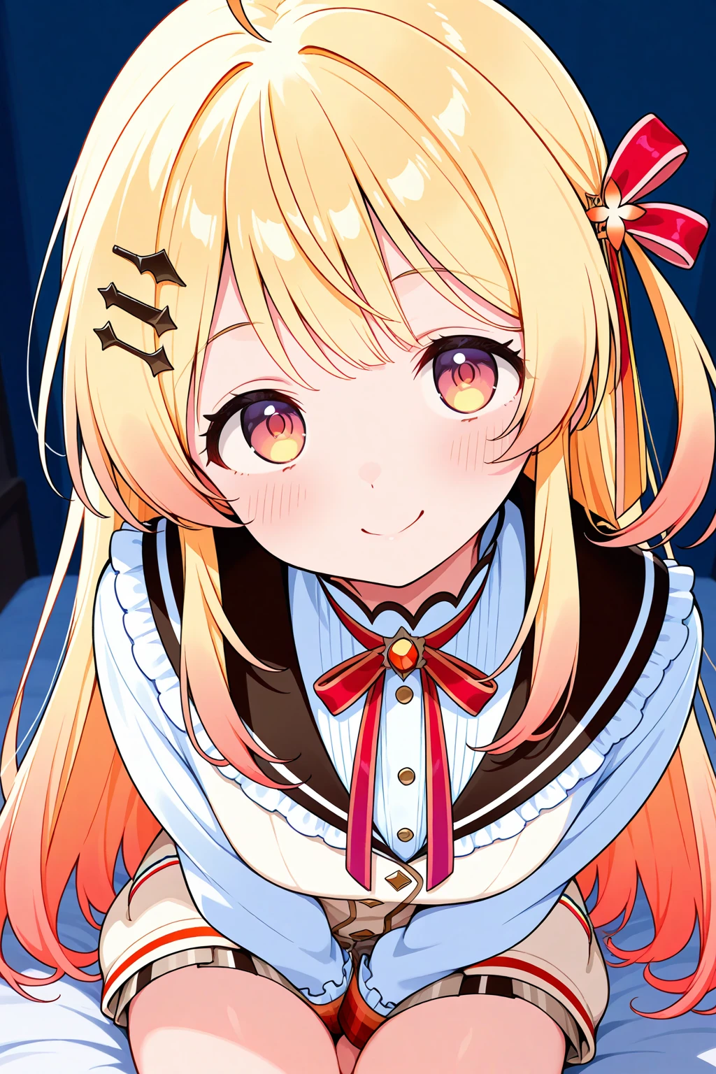 光沢のあるBlondeのポニーテール、Super long hair、Three flower-shaped hairpins on the left sideburn、Slightly desaturated blue eyes、Droopy eyes、Shining Eyes、The eye sockets are paw-shaped、Eyes are dark blue、smile、Open your mouth、Wearing a dress、Brown belt under the chest、masterpiece, highest quality, Official Art, Very detailed, Absurd, 8K resolution, 16-year-old girl, change, alone, 明るいsmile, Transparent clothes, White clothes、Blonde、A small pink tattoo in the shape of a heart just below his left eye.、Fine grain、Asymmetrical bangs、Pink hair ribbon、Blush and redness、Blunt bangs、Bangs between the eyes、Gradient hair、Ample Bust、Perfect Face