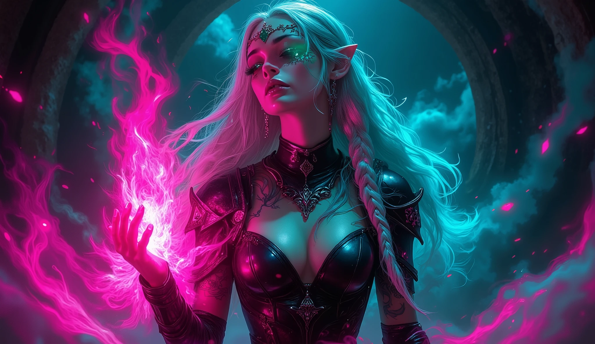 EE_Und, hochwertig, digitale Malerei,
An amazingly powerful elven sorceress, in an ethereal glow of contrasting neon pink and cyan shades, Confidently bathed in the heart of a shady, mystisches Reich. Ihr durchdringender, radiant emerald green eyes radiate intense magical energy from, as her pale skin with artistic, soft glowing tattoos decorated in bright neon colors is. Die Tattoos, running across her arms, Brust, und Hals, schwach pulsierend, that indicate her immense arcane power.
Her face is filled with flowing platinum blonde Hair framed, accented with delicate braids, and decorated with an artistic emerald green tiara on her forehead. She is wrapped in open-hearted clothing, futuristic leather-inspired armor, artfully designed with glowing neon inlays, that seamlessly merges with her glowing tattoos. The sharp contrasts between the glowing neon lights and the dark, shady Textures of her outfit create a dramatic and fascinating aesthetic.
Her hand is raised , surrounded by swirling magical flames in cyan and magenta, casting dynamisch, shadows moving across her shape. The background is an abstract, dark emptiness of swirling fog and dimly glowing magical glyphs, creating an atmosphere of mystery and danger. The interplay of light and shadow underlines their commanding presence and the chaotic energy of their magic, while the glowing neon elements and tattoos create a sense of modern mysticism and unbridled power. Her posture radiates confidence and control, making her a vivid embodiment of elegance and raw, relentless magical power.
