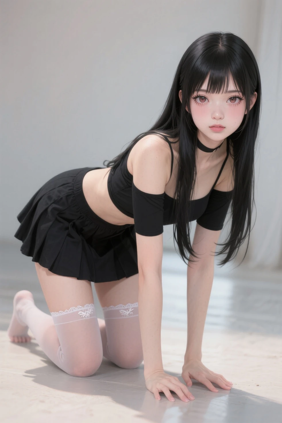 Hands holding Ruddy face Rolling eyes Short hair girl can see panties No underwear