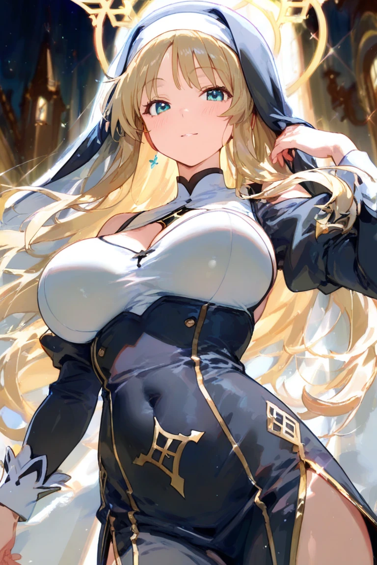 Showing the whole body Cute Baby face Big breasts Flying in the sky White simple dress Long hair Angel Blonde Yellow eyes