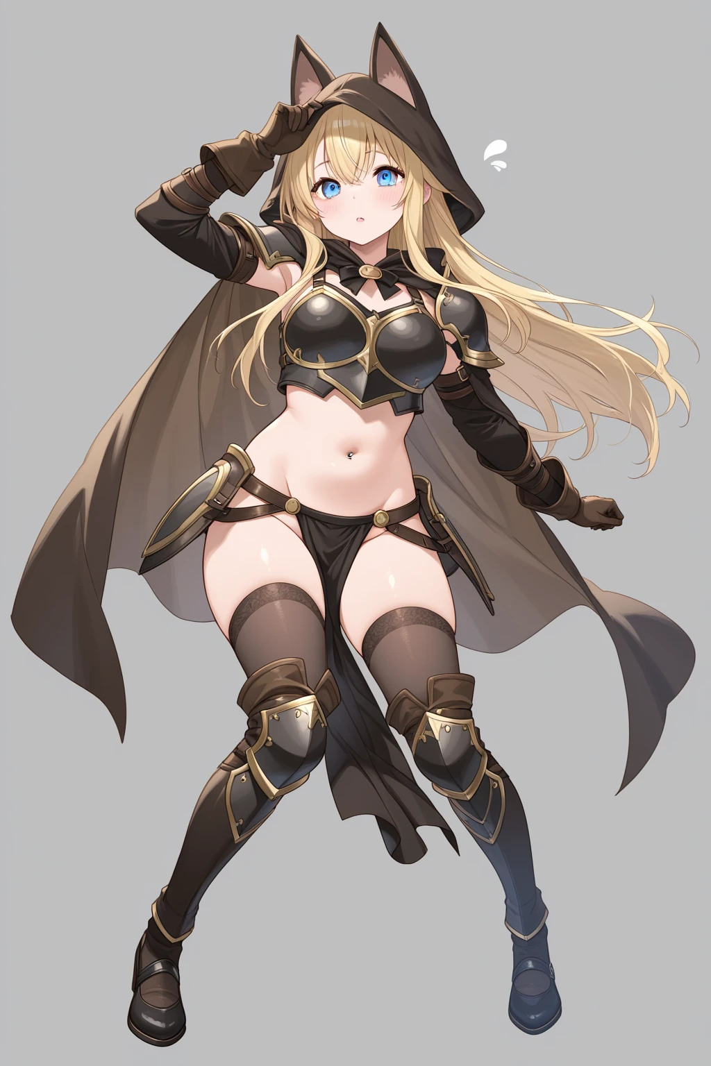 ((BLACK BACKGROUND1:2)) masterpiece, best quality, high quality, 1solo white SKIN elf, long hair, blonde hair, yellow eyes, full body, black bikini, looking at viewer, shiny, black thighhighs, high boots,shoulder armor, faulds, poleyn, gloves, gauntlets, FEET TOGETHER STANDING SYMMETRICAL, female elf big knockers bikini
