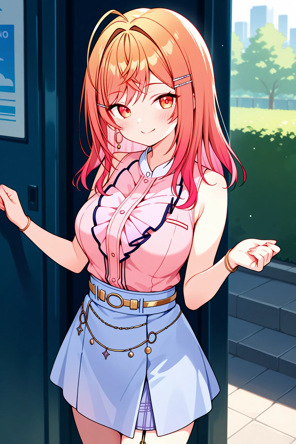 A girl with pink colored long hair, a side ponytail, orange eyes and big breasts, She's wearing a light blue t-shirt, a light pink skirt, glasses, a hair bow, white colored thighhighs and white shoes (Best quality, detailed clothes, full body)