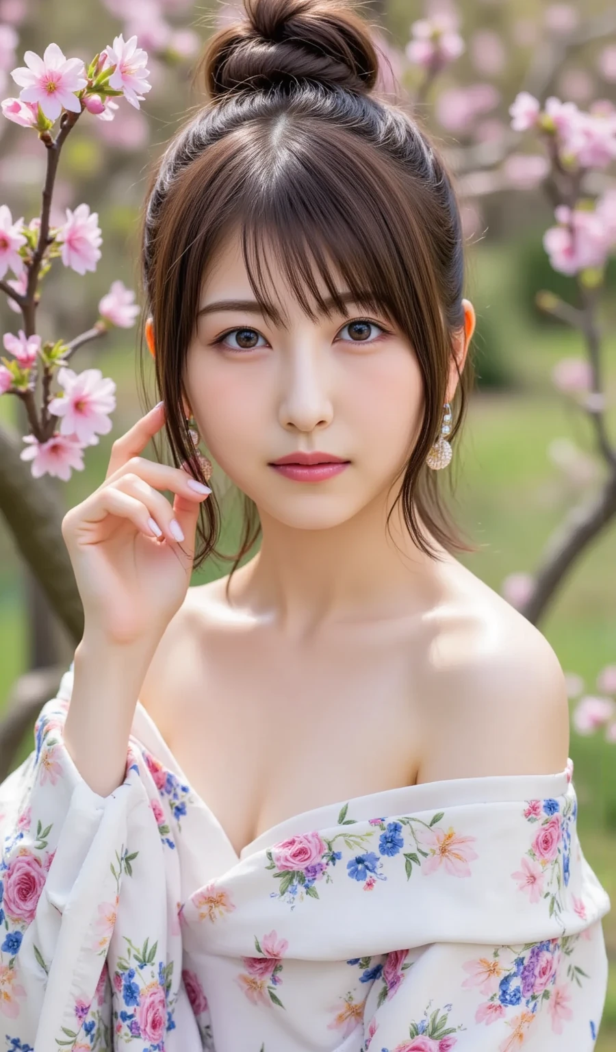 (highest quality:1.5)、(Real:1.5)、(1 person:1.5)、Medium Shot、(Very detailed)、(High resolution)、8k、Normal milk、Natural color lip、Japanese women、24 year old girl、Thin eyebrows、Beautiful and elegant face、Cute face、Arched thin eyebrows、(Large, balanced eyes)、Big Eyes、Fair skin、Beautiful and elegant face、Natural Bangs、Beautiful and thin nose、 Beautiful Skin、Medium Bob Hair、Natural Bangs、Perfect and beautiful facial features、Slim face and figure、（Bright lighting）、Professional Lighting、（Lighting from the front）、Outdoor、Beautiful cleavage、Cherry blossom trees、1 person girl、Cute and sexy slim 24 year old woman、Fair skin、Cherry blossoms fluttering、(A dreamy look)、(Off-shoulder yukata)、(Normal milk)、(A simple pose facing forward)、Beautiful Obi、Beautiful clavicle、