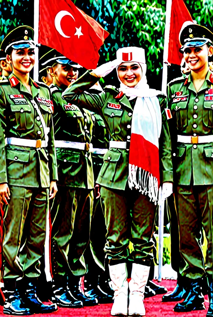 The Fatayat of the Indonesian Nahdlatul Ulama, veiled, dressed in green, carry red and white, the atmosphere of seizing independence