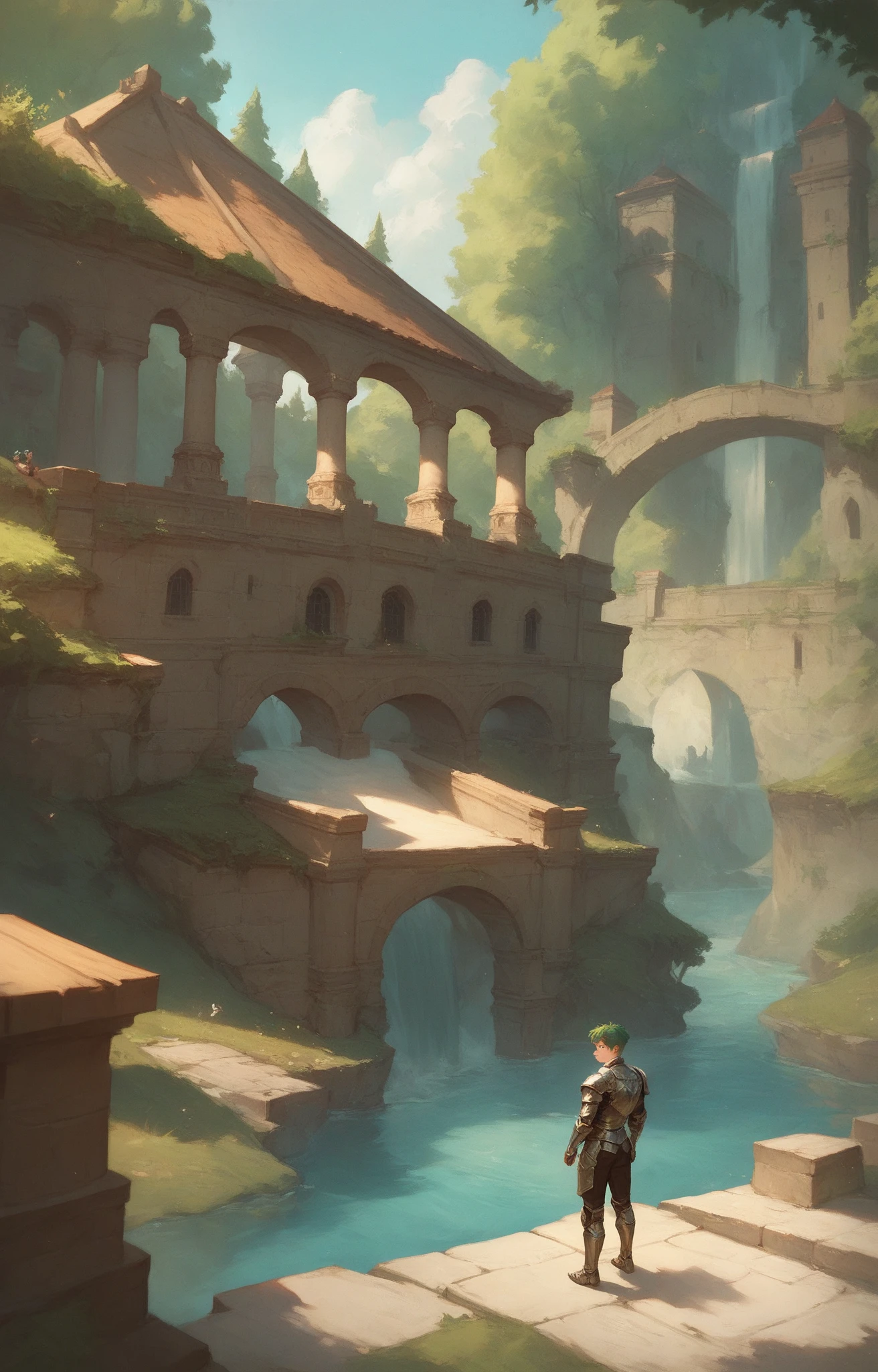 beautiful woman, young, small and delicate body, wooden left arm, short hair, green hair, brown eyes, arch on the back, leather armor, with a man on the bank of a river