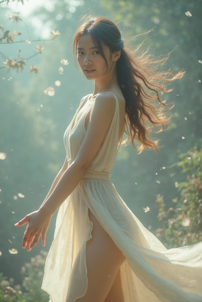 Holding a pale pink floral see-through stole with both hands、Swaying in the wind。Wearing a loose lilac see-through halter neck dress。Skirt flutters in the wind and spreads。Dynamic Posing。Dancing Poses。
Loose clothing shows shoulders。Very beautiful girl at 19 years old。
Hair swaying in the wind。 masutepiece、Best Photoreal、portlate、Sheer clothing、wetted skin、Wet hair、Sexy look、Functional、Bewitching、Clothes with an open back、