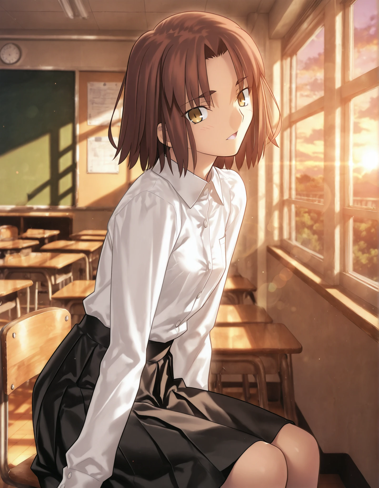 masterpiece, , absurdres, highres, detailed background, high resolution, masterpiece, necessary, detail, best quality, quality, necessary, details, High details, Precise, 8k ,indoors, (class room, school, sunset,),day lens flare, blurry background,(from side,),
1girl, Takeuchi Takashi (type-moon, fate) style, takeuchi takashi style,((aged up)),(),(sitting), ,(leaning forward) ,
girl, (slim arms), solo, el3gymaster ,mitsuzuri ayako, , dark orange brown hair, yellow brown eyes,((sharp eyes:1.2)),half-closed eyes, slightly thick eyebrows, groomed eyebrows, short hair, light parted bangs,(tsurime),(open white shirt, open collared shirt, ,long sleeves, black skirt, medium skirt,), long sleeve, collared bone , (small breasts),(looking at viewer), , , , head tilt, , ,