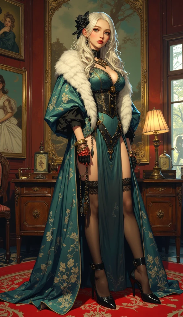 (ultra-detailed, photorealistic, best quality, 4k, highres, masterpiece:1.3), Madame Seraphina Valenforde, age 30, with long, flowing raven-black hair styled in an intricate updo adorned with jeweled pins, deep emerald green eyes, fair complexion with a small beauty mark just below her left eye, wearing a provocative and seductive outfit made from luxurious velvet and lace, featuring a plunging neckline and a corset-style bodice that accentuates her figure, the gown has sheer lace panels and a high slit in the floor-length skirt, exquisite jewelry including a choker necklace with a large emerald pendant, intricate earrings, multiple rings on her fingers, holding a delicate, lace-trimmed fan, opulent interior of her brothel in the background, rich decor, plush furnishings, warm and inviting atmosphere, reflecting her elegance, charm, and the power she wields in the city of Eldoria Prime, (intricate detail, super finely detailed hands, ultra finely detailed fingers, full body showcase, show full body).