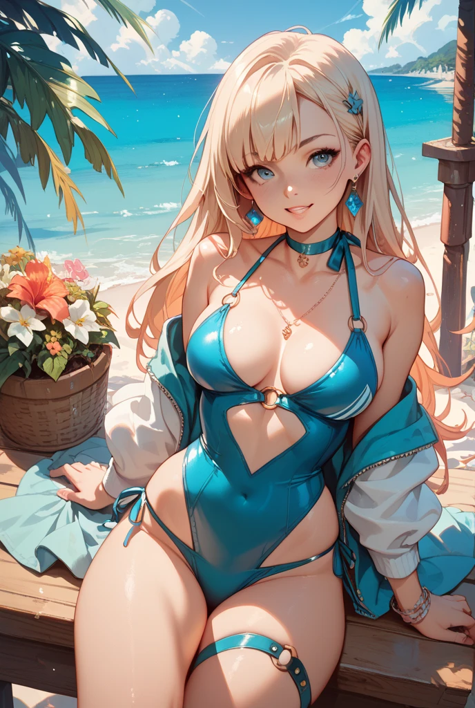 (8k), (best quality), (masterpiece: 1.2), (realistic), (photorealistic: 1.37), ultra detailed, one girl, viewer is watching, full body, 25 years old, blonde, leotard swimsuit, pretty nails, private beach