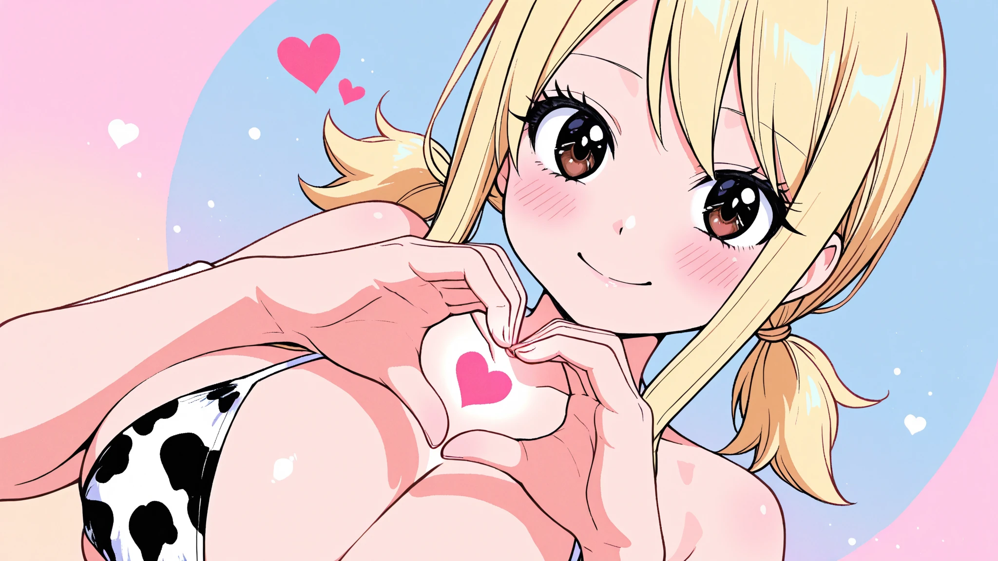 Honoka kousaka love live, cowboy shot, blue eyes, orange hair,hair flower, solo, loose crop top, frilly,long sleeve,long skirt, thighs cutout,pink loose belt,thin straps, shiny moist skin, sexy, spoken heart , (lipstick:0.7), wink , cleavage, crotch, slightly bent over , outdoors