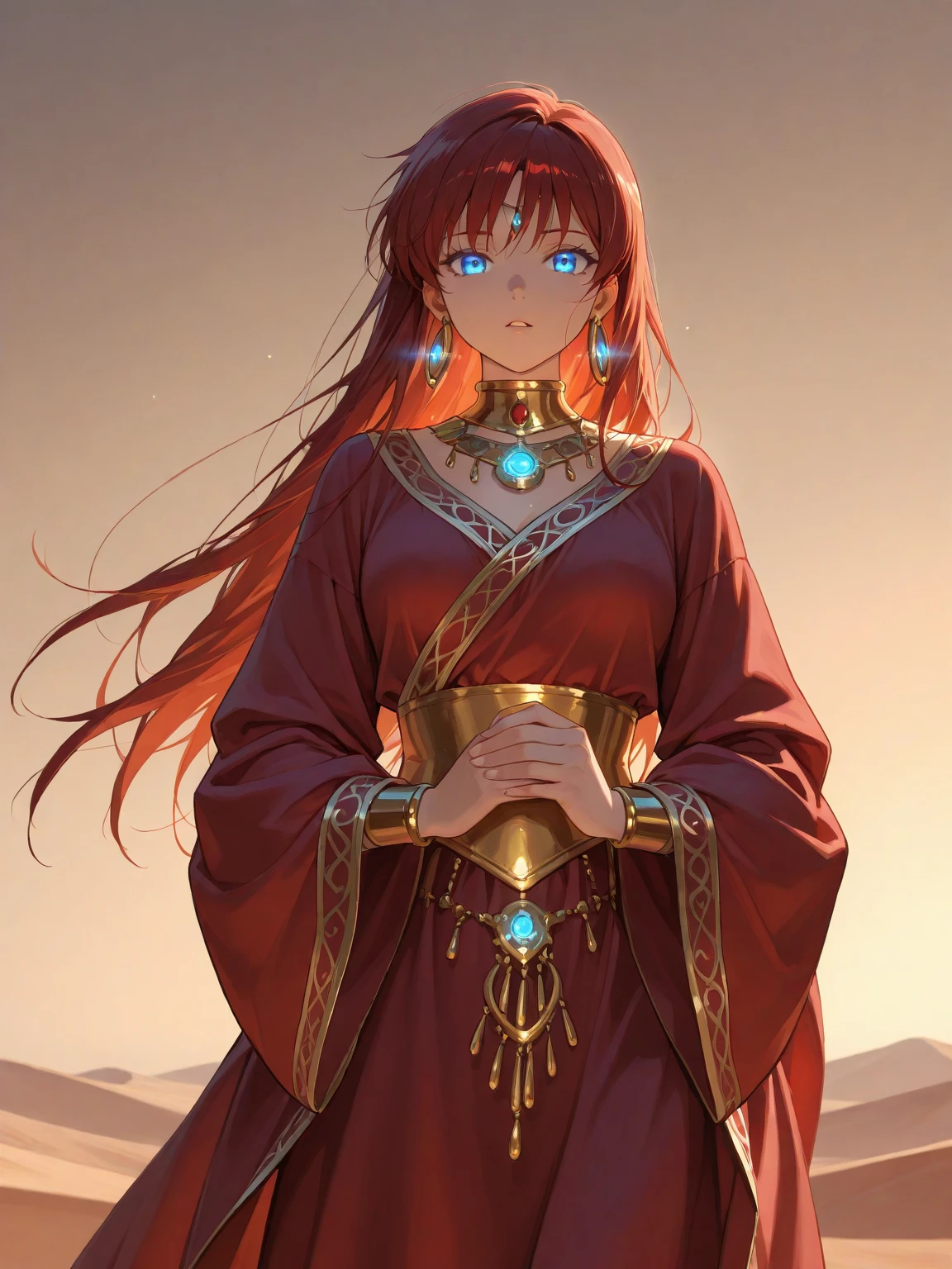 Makima from Chainsaw Man, dressed as an elegant ancient Egyptian princess, white linen dress with gold embroidery, gold and turquoise jewelry, wide Egyptian collar necklace, Eye of Horus headpiece, golden arm cuffs, braided red hair with gold threads, Egyptian palace background, dramatic lighting, ultra-detailed, high-resolution, cinematic fantasy anime style