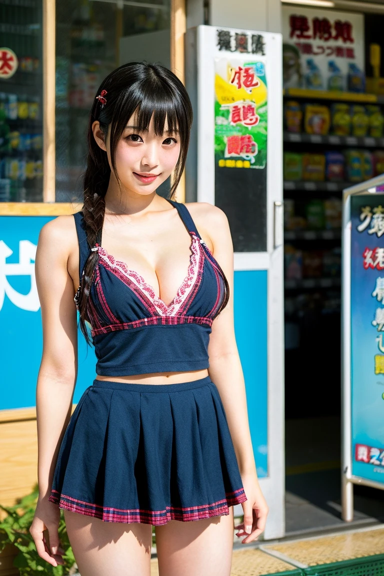 C4ndyL4ndAIシティ,A young woman holding a large candy in a candy-themed amusement park, avoiding sensitive expressions.. BREAK A young woman holding a large stick of candy in a candy-themed amusement park.BREAK ((upturned eyes)),((Angle from above:1.3)),from above、Looking at camera, BREAK (gyaru:1.1),(torpedo gigantic breasts, cleavage),(Glamour:1. 3),(maid ,Racing Model),