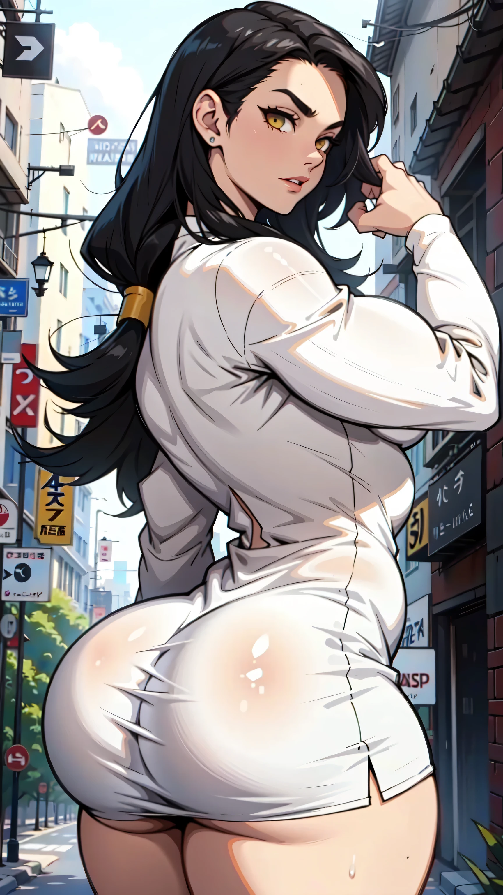 sundress long sleeve white dress girl muscular thick black hair yellow eyes pale skin from behind