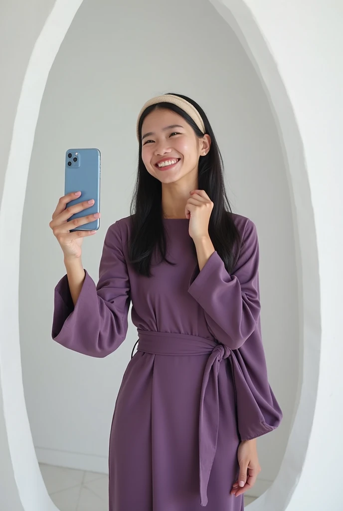 Beautiful Korean girl, white skin, well-groomed face, thin smile, facing forward, orange hijab, orange knit jacket, red t-shirt, dark brown cargo pants, walking in the rice fields, views of the lush rice fields, wide open fields, while taking mirror selfies with iphone 14 promex mobile phone, with a backdrop of mountains and lush green trees, realistic original photo