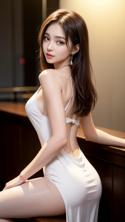 (realisitic、hight resolution:1.3)、1 girl with a perfect figure、Super thin face and eyes、long hair, sexy dress, long ponytail hair, on her terrace, night time, big titposed cleavage, 4k, hd, best quality,
