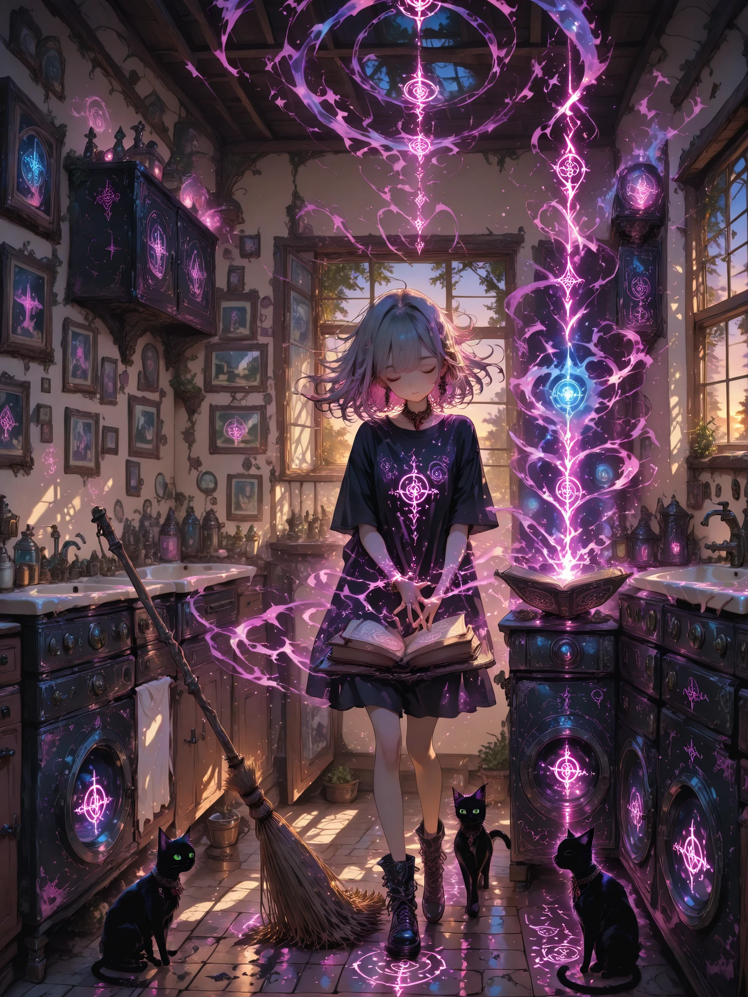 top quality photo, impeccable performance, super sharp detail, young woman wearing a homemade T-shirt with magic symbols, floating ribbon in hair, enchanted jewelry, self-propelled broom, flying dishes by the sink, magic spark on her fingers, cozy living room, sleeping black cat familiar, glowing runes on books, warm evening light from the window, anime art,  Soft colors