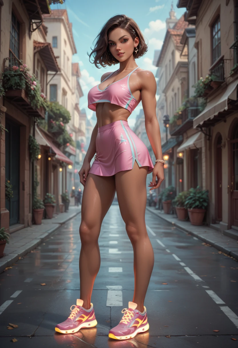 turnaround:1, dynamic pose, standing, platform heels, full body:1, short black curly hair, nude, pink eyes, choker, skimpy white crop top, strapless, pubic tattoo, wet, large breasts, curvy hips, huge hips, wide hips:1, big ass:1, parted lips, lipstick, makeup, blush, eyeliner, AddXL