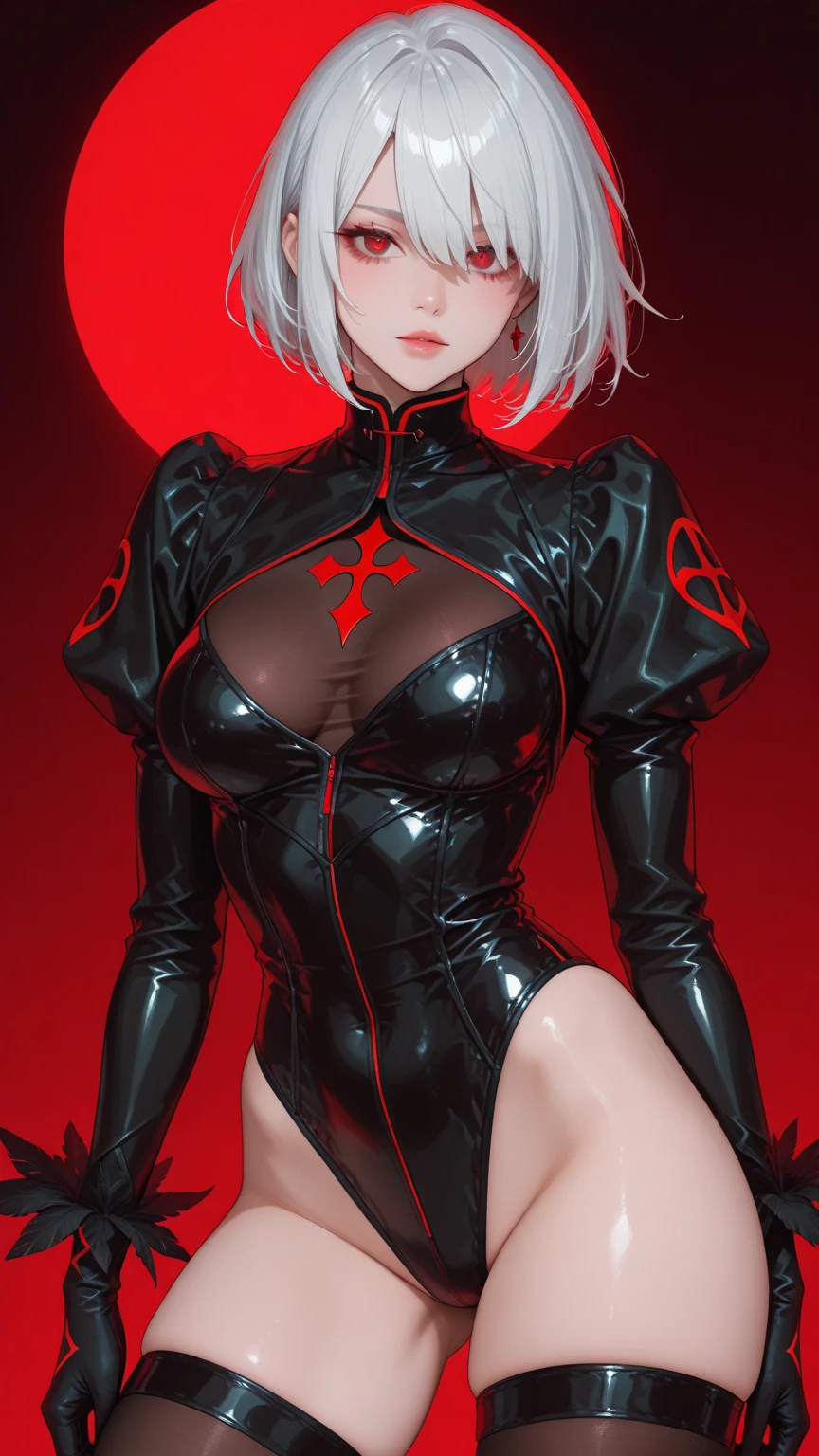 solo, power girl anime character Chainsaw Man (medium breasts) (masterpiece, best quality: 1.2), red horns, alternative costume, white hair, blond hair, red eyes, black shoes, stockings, (red eyes: 1.3), ,black shirt, blue skirt