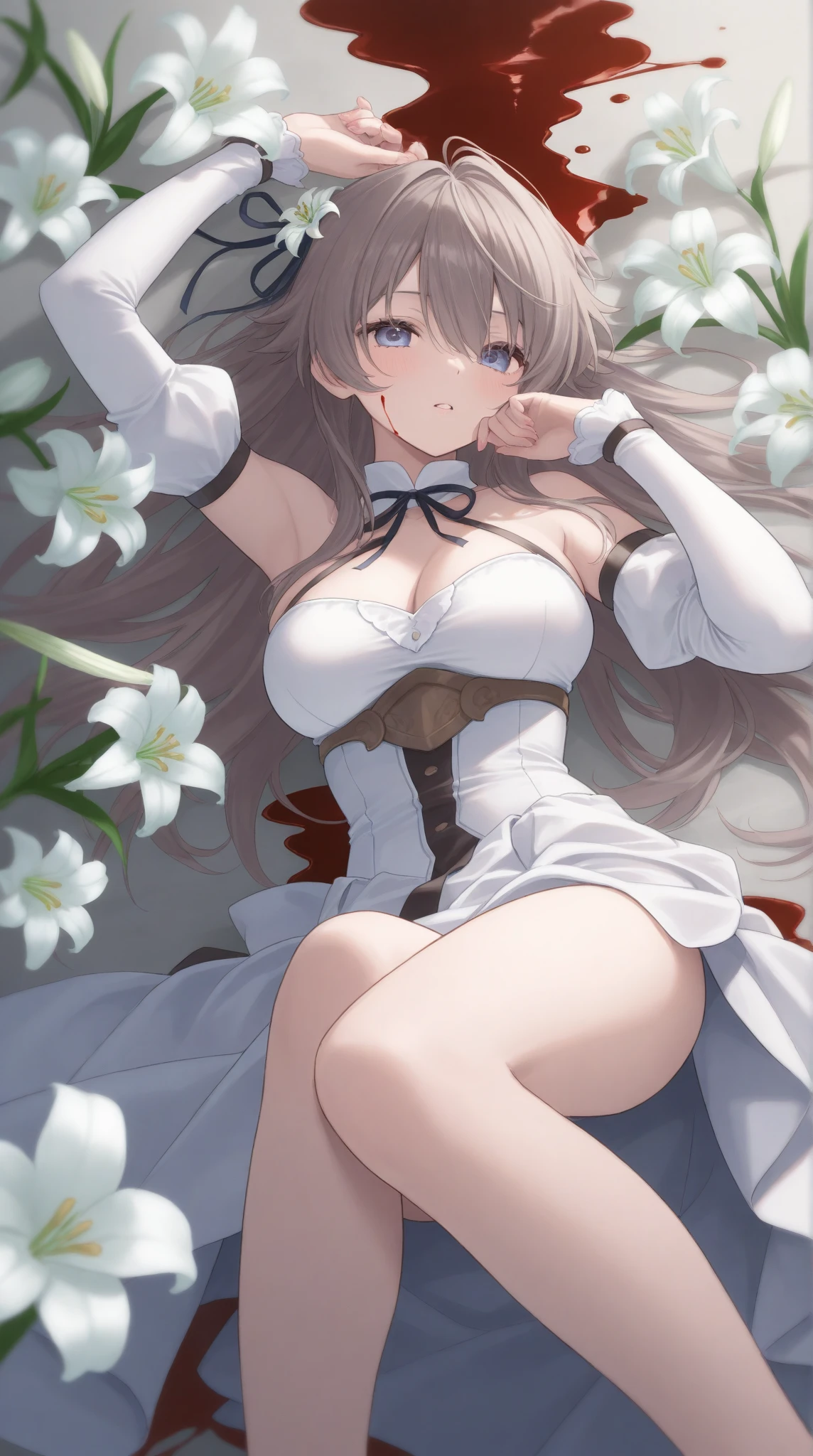 A girl wearing white lace lingerie,Exposing thighs,Sit on grass,Big chest,Perfect hands