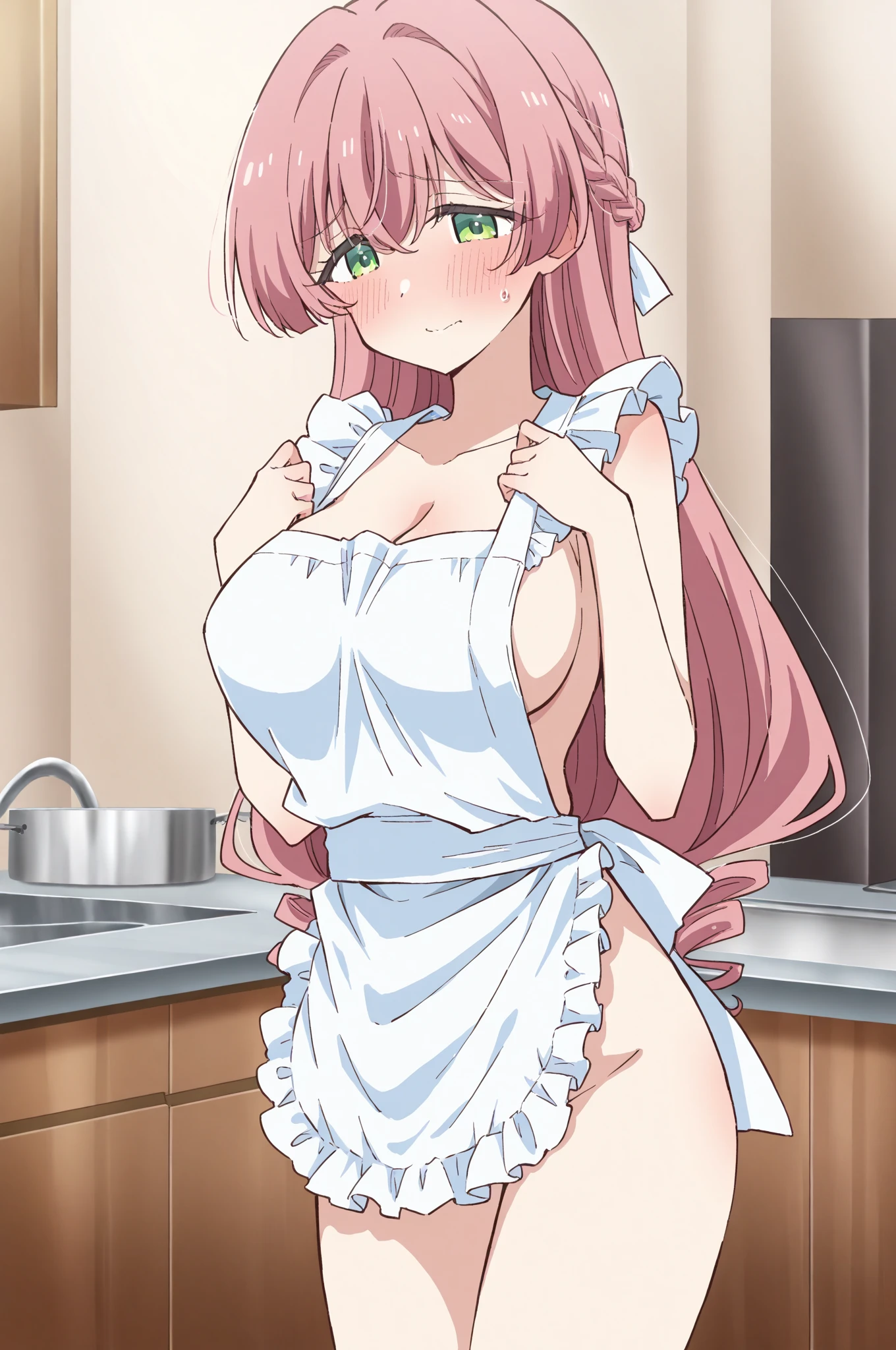beautiful, linework, thick outlines, strong shadows,(1 girl,solo: 1.3), adult woman, (detail eyes:1.3),large breasts, wide hips, nsfw, nude, smiling, edgApron, a woman in a pink apron posing for a picture ,wearing edgApron