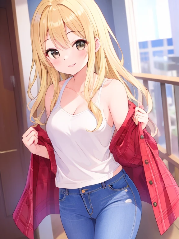 , (nsfw), ((beautiful)), ((masterpiece)), ((best quality)), (extremely detailed face), perfect lighting, highres, 8k, wallpaper, backlit, (absurdres), (ultra detailed, 8K, ultra highres:1.2), BREAK,(RED Ribbon on HAIRband:1.2),smile,navel,groin,denim shorts,loose clothes,shirt pull,shorts pull,A fashionable female ,dressed in a casual yet stylish outfit,browsed the racks of clothes at the department store. She hummed a tune to herself as she examined the various accessories and small items on display. Her outfit consisted of a pair of ripped denim shorts paired with a loose, camisole and a pair of sneakers. She accessorized with a small, silver bracelet on her wrist. As she shopped, the girl couldn't help but be drawn to the various colorful and glittering items in the store. She picked up a pair of cute, heart-shaped earrings and a matching necklace,admiring them in the bright, fluorescent lighting,Ichigo Hoshimiya (Aikatsu!)