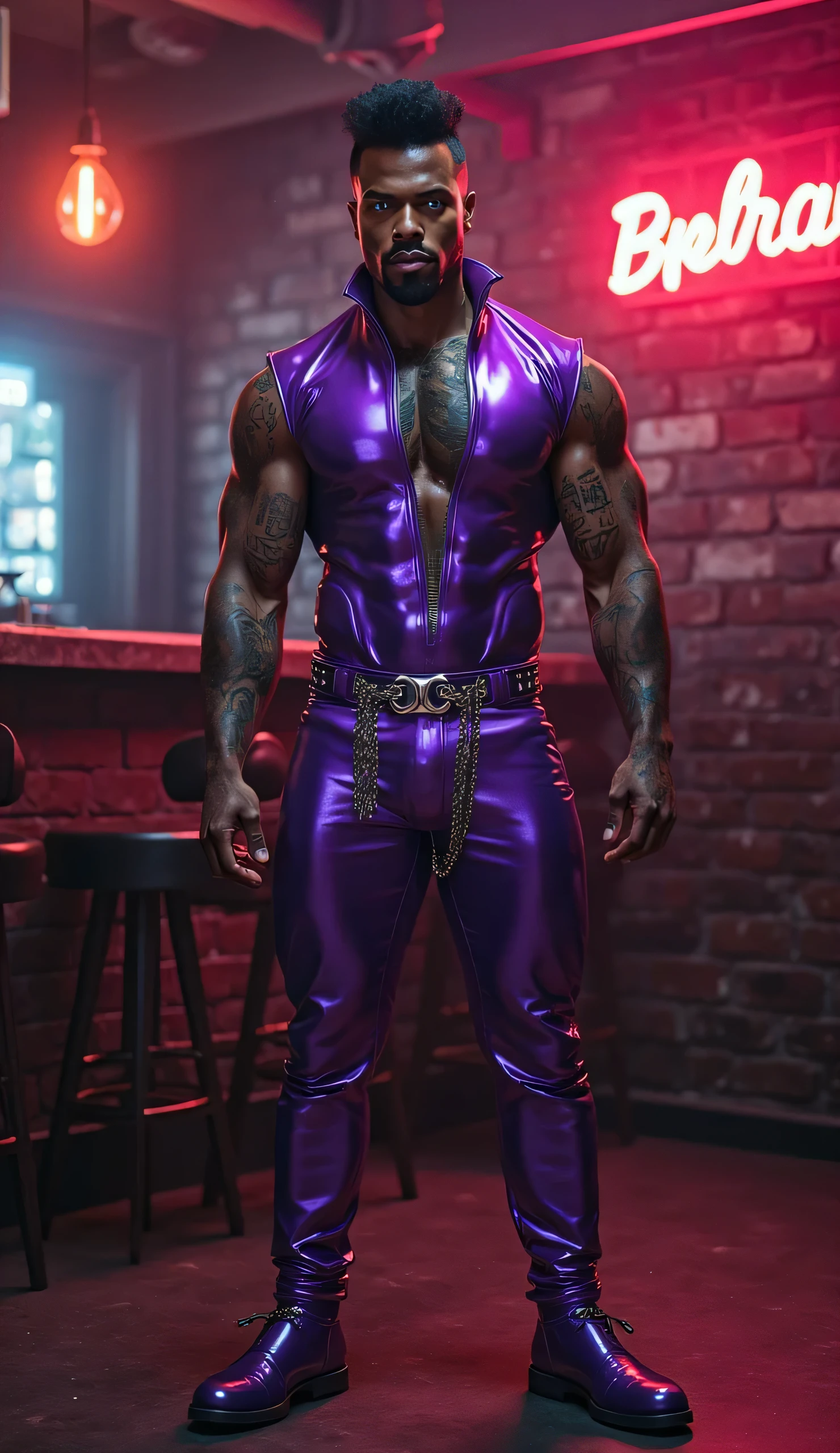 (masterpiece, best quality, detailed: 1.2) muscular 30 year old man, hairy body, expressive eyes, dark black hair, dynamic pose, stripper, wearing latex micro thong, in a nightclub, huge bulge, neon lights