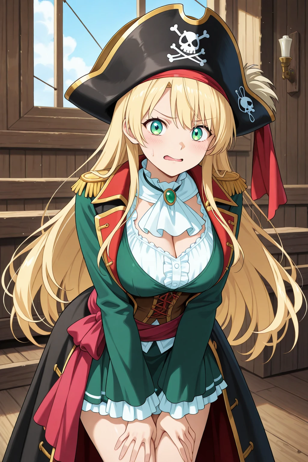 sexy blonde pirate ,blue eyes , young , flintlock pistol in hand , galleon , sea ,sex, rain , wet , lewd, lewd green outfit