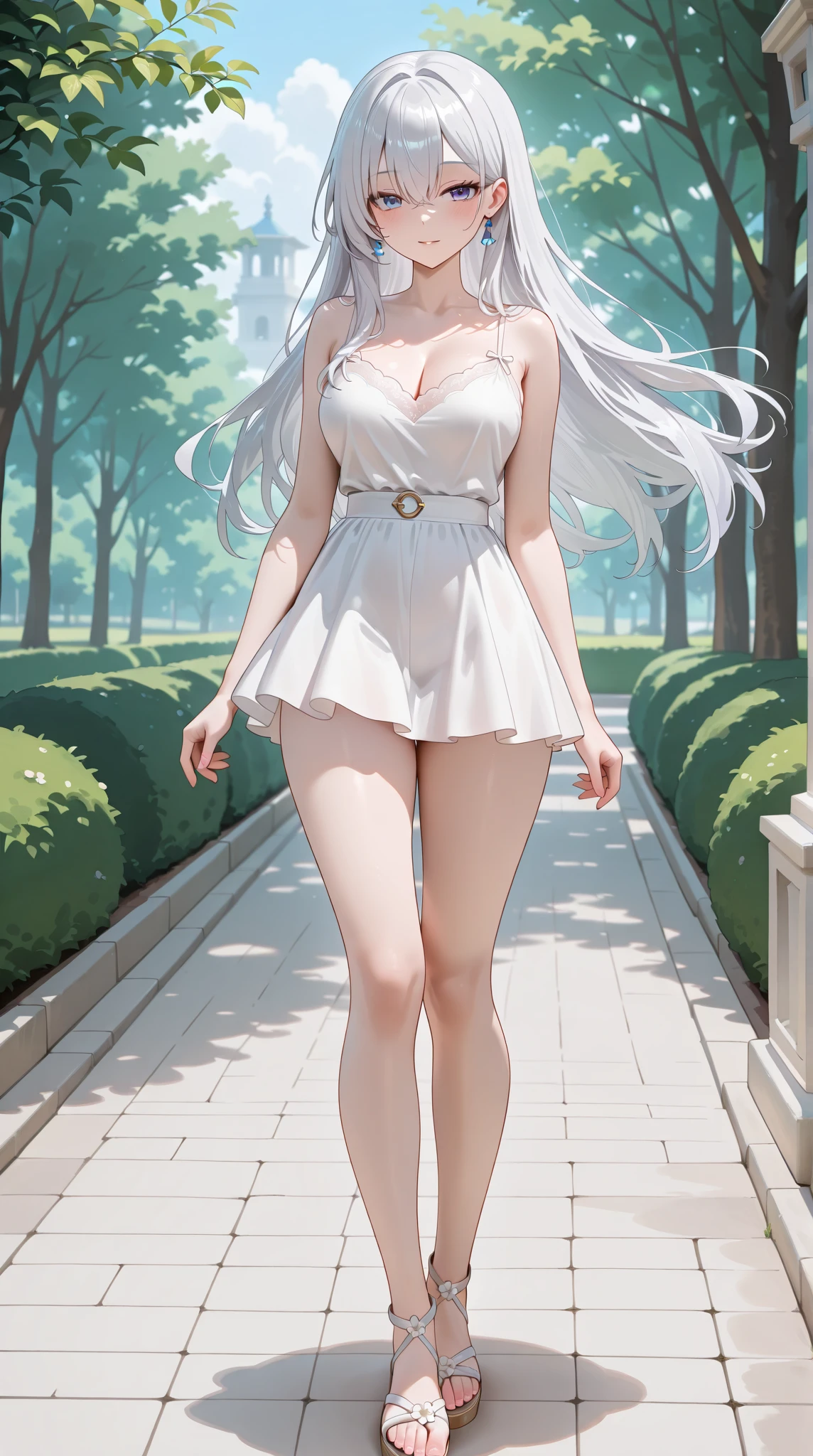 A beautiful perfect girl, Russian woman, white pantyhose, looming bear panties, no shoes, padded toes, slim and delicate body, correct body structure, beautiful feet, transparent openwork bra, large breasts, round breasts, cleavage, clothes with less fabric, hand making a handgun pose, highest quality, professional lighting, garden, standing,