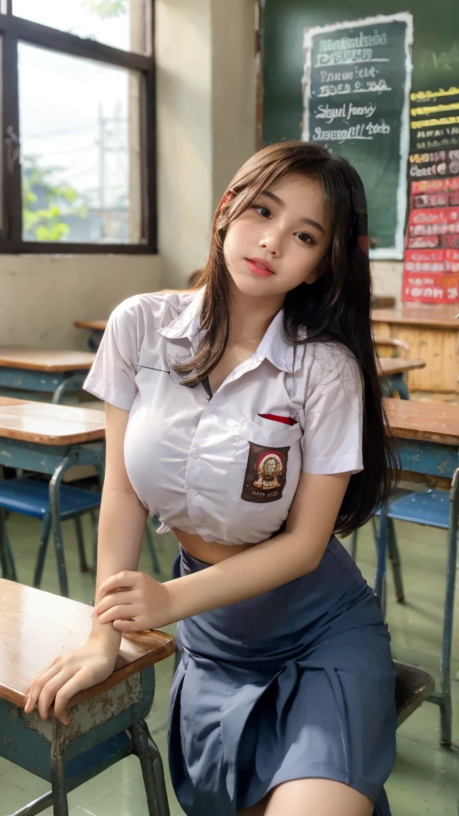 RAW, Best quality, high resolution, masterpiece: 1.3), Beautiful young indonesian girl, very longhair girl, length knee hair,seductive pose, showing breast, open legs showing vagina, sensual body, on a top of table of class room, ((senior high school clothes)), orgasm, highres, 4k, HDR, 1girl, photorealistic, realistic, big breasts, ((whole body)) turning away facial at viewer, closeup, class-room, misty,