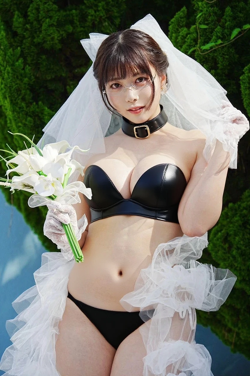 ((top-quality、8K分辨率、Master masterpiece、Portrait:1.3)), Photorealsitic, tissue, 35㎜ film, 1 Japan Woman_Middle-aged woman_49 years old, Longhaire_Bridal Up , (tiarra_Wedding Veils)、Pearl Necklace、Wrinkles at the corners of the eyes, Plump body, blush、Seductive smile、naughty expression、See-through bride costume、See-through white micro mini panties、Garter belt stockings, (standing nipple:1.5) ,((Underwear))、Flower garden in full bloom、The fountain、plein air、during the day、toppless