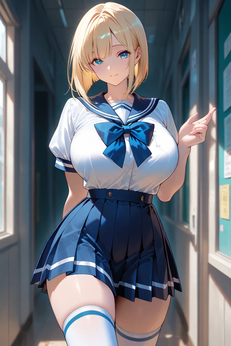 score_9, score_8_up, score_7_up, score_6_up, uncensored, artoria pendragon (lancer) (fate), blonde hair, braid, tiara, lips, BREAK (masterpiece:1.2), best quality, high resolution,(detailed eyes:1.3), perfect lighting, (perfect hands, perfect anatomy), large breasts, BREAK, 1girl, breasts, black_gloves, gloves, navel, rating:questionable, looking_at_viewer, solo, skirt, pasties, standing, classroom, school_uniform, serafuku, thighhighs, shirt, revealing_clothes, short_sleeves, BREAK, pleated_skirt, holding condom, condom, hand on hip