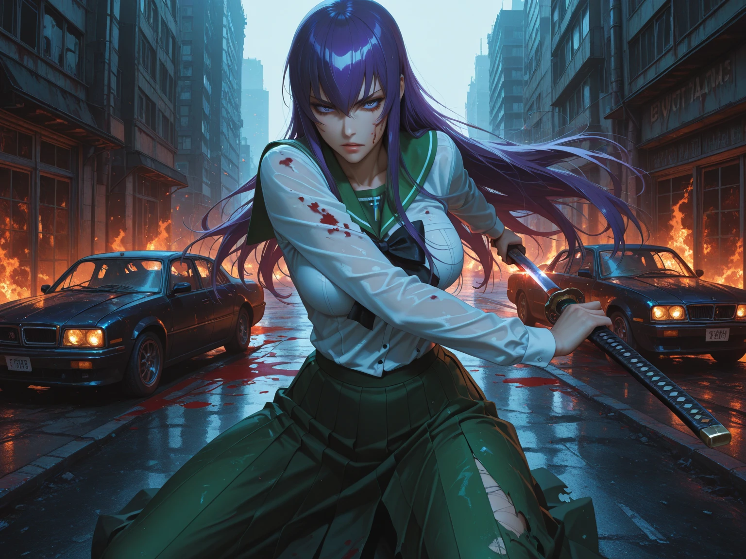 solo, 1girl, saeko busujima, long hair, purple hair, (purple eyes:1.1), hair between eyes, skirt, (torn clothes:1.3),(blood:1.3),(angry:0.8),long sleeves, dark alley,trash,rain,bow, school uniform, serafuku,katana, green skirt, Cosmic Horror <lora:129434:0.7>,<lora:87153:1.2>,finely detailed beautiful eyes, intense gaze, cinematic lighting,detailed face and body,award-winning,(8k, RAW photo, best quality, masterpiece:1.2),ultra-detailed, (high detailed skin:1.2), art by Grzegorz Rutkowski,