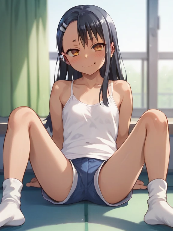 1 girl,Androgynous,two side up,big breast,black hair,red eyes,medium hair,sidelocks,Multicolored eyes,school,Gym Uniformgym shirt,spread legs,(crotch),(tight skin),straight-on,(legs),(feet),masterpiece, best quality, very aesthetic, absurdres,(arms),Cameltoe,bloomer