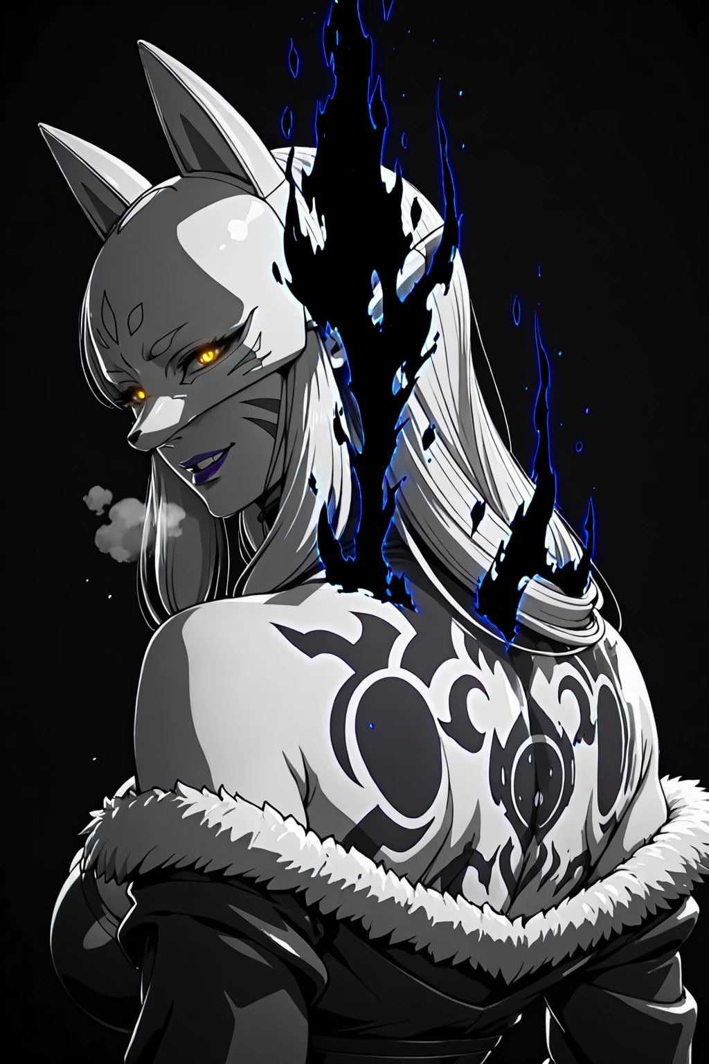 (jam-orbital-style:1.2), (zonda_(solid_air)-style:1.2), ((anatomical correct)), (lineart:1.4), ((monochrome, greyscale, manga-style, spot colors)) perfect body, perfect eyes, perfect fingers, gasping, heavy breathing, gasping profusely, (()), ((curvy)), sakuyamonv1, sakuyamon, fox mask, mask, long hair, facial mark, white hair, purple lips, (voluptuous:1.5), (mature female:1.5), ((vignetting)), (aura), (black aura:1.2), 1girl, horns, back_tattoo, tattoo, evil smile, detailed teeth, solo, looking_at_viewer, looking_back, teeth, bare_shoulders, oni_horns, glowing, upper_body, black_background, glowing_eyes, off_shoulder, sidelocks, from_behind, fur_trim, oni,