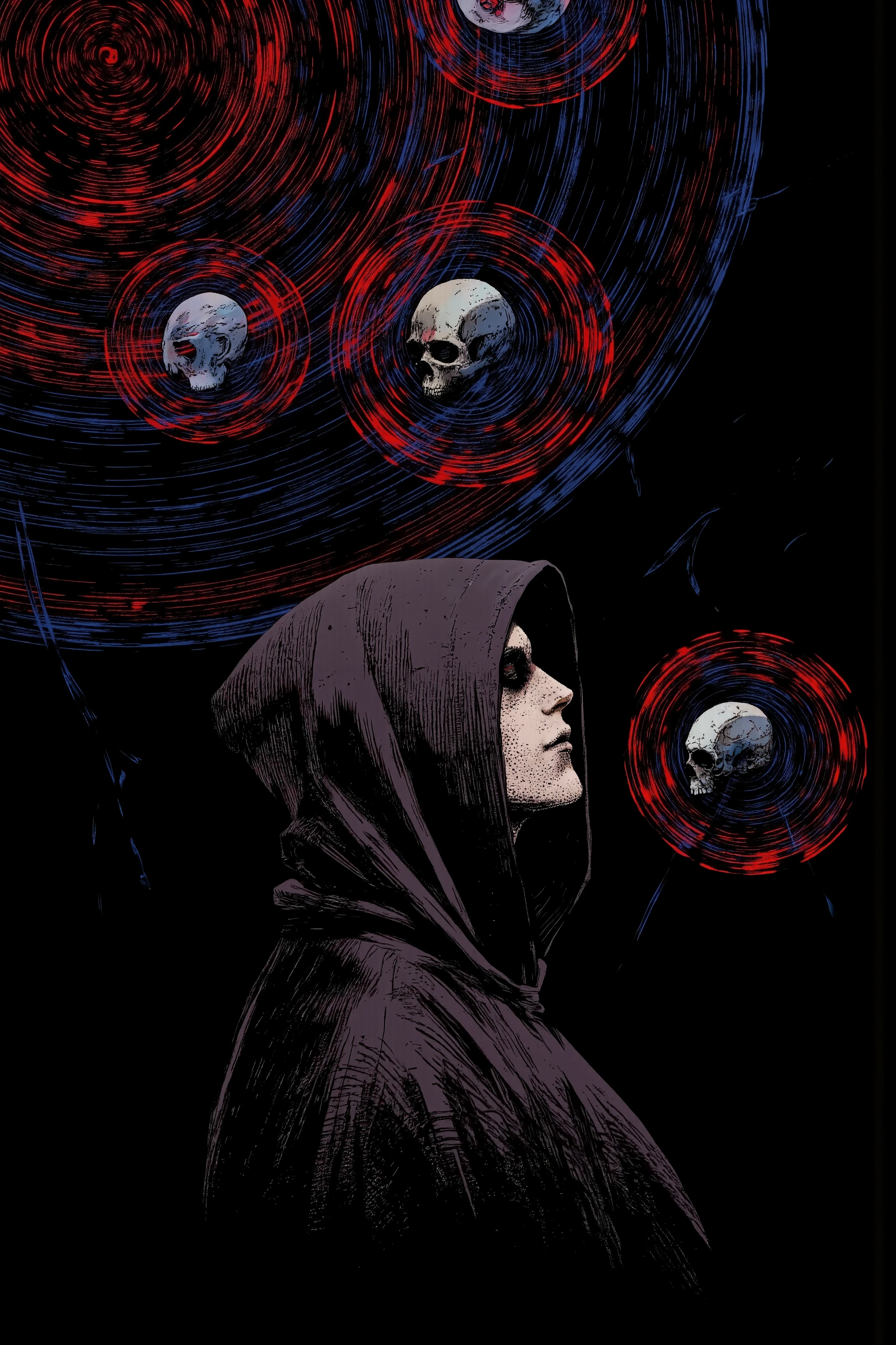 An eerie and surreal side-view image of a figure clad in a dark cloak. The textured robe recalls a monk’s garment. The person’s face appears blurred, evoking the impression of a skull, radiating a mysterious and unsettling atmosphere. The entire scene is dominated by concentric circles radiating outward from the center, featuring hypnotic iridescent red patterns, along with blue and white hues contrasted against a black background. These circles add a sense of movement and depth to the image.
Lines or beams of light, composed of the same three colors, seem to converge toward the figure’s eyes, and then extend horizontally from the eyes, emphasizing the hypnotic and otherworldly theme. The composition is strikingly balanced, with the figure placed slightly off-center to enhance the disorienting effect. There is a captivating interplay between eeriness and allure, evoking a sense of deep meditation. In front of these circular patterns, a robed man stands in profile.
This scene features elements such as psychedelic glitch art, psychedelic visuals, glitch art, a surreal hooded figure in the style of Dan Hillier, trippy imagery, digital illustration radiating outward, psychedelic cosmic horror, and a dark psychedelic style